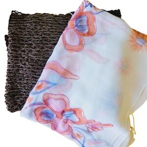 2 Vintage Y2K‎ Floral Embroidered Fringe Scarf Ach Cha Apparel White Polyester
